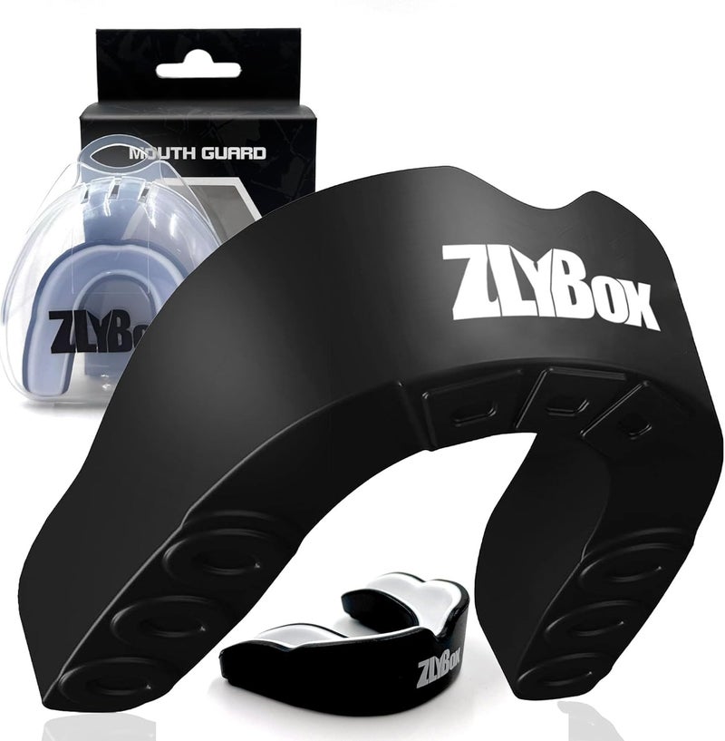 ZLYBox Dual-Layer Sports Mouth Guard for Adults & Youth with Case - Dental Protection for Boxing, Football, MMA, Hockey, Basketball, Lacrosse & All Contact Sports (Black White) - Image 1